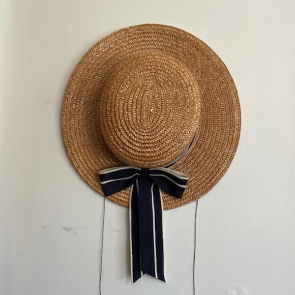 LAURA ASHLEY Vintage Straw Boater Hat with Navy White Ribbon Accent OS - Picture 6 of 16